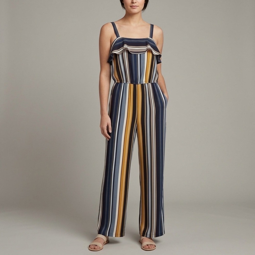 Wide Leg Striped Jumpsuit Juniors S Multicolor Ruffle Neck Coastal Boho 70s